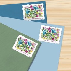 United States Postal 20 Stamps, red, yellow, purple, pink, green, blue