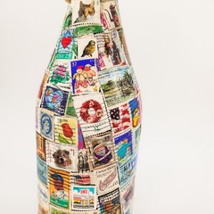 US Postage Stamp Covered Bottle Handmade Pop Culture Art «The Last One Mom Made»