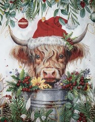 Three Paper Lunch Napkins Decoupage Christmas Highland Cow Santa/pine Cones 6.5”