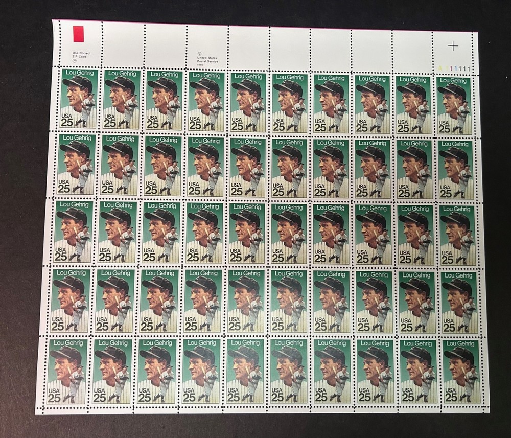 1989 LOU GEHRIG USPS unused 25 cent postage stamps sheet of 50 NM-MT