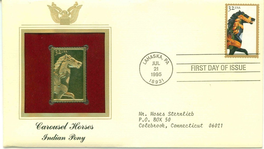 First Day Of Issue Jul 21 95 Lahaska PA 22kt Gold Replica Indian Pony Horse
