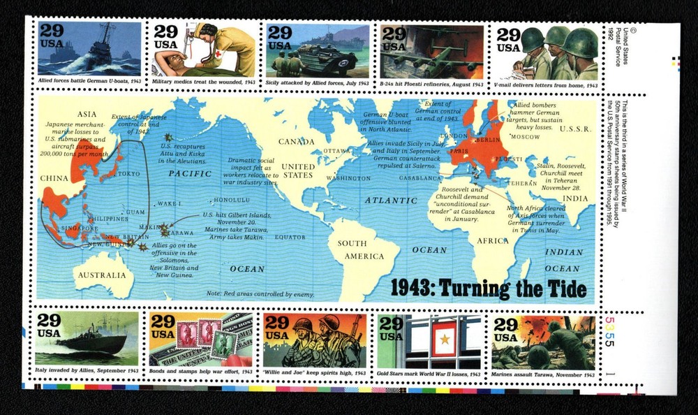 US Stamps- 29¢ 1943: Turning the Tide WWII – Numbered Plate Block-10 stamps MNH