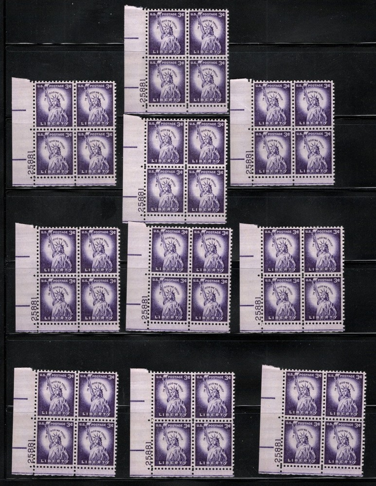 3 CENT 1954 LIBERTY STAMPS. 10 BLOKS OF 4, $1.20 TOTAL FACE VALUE