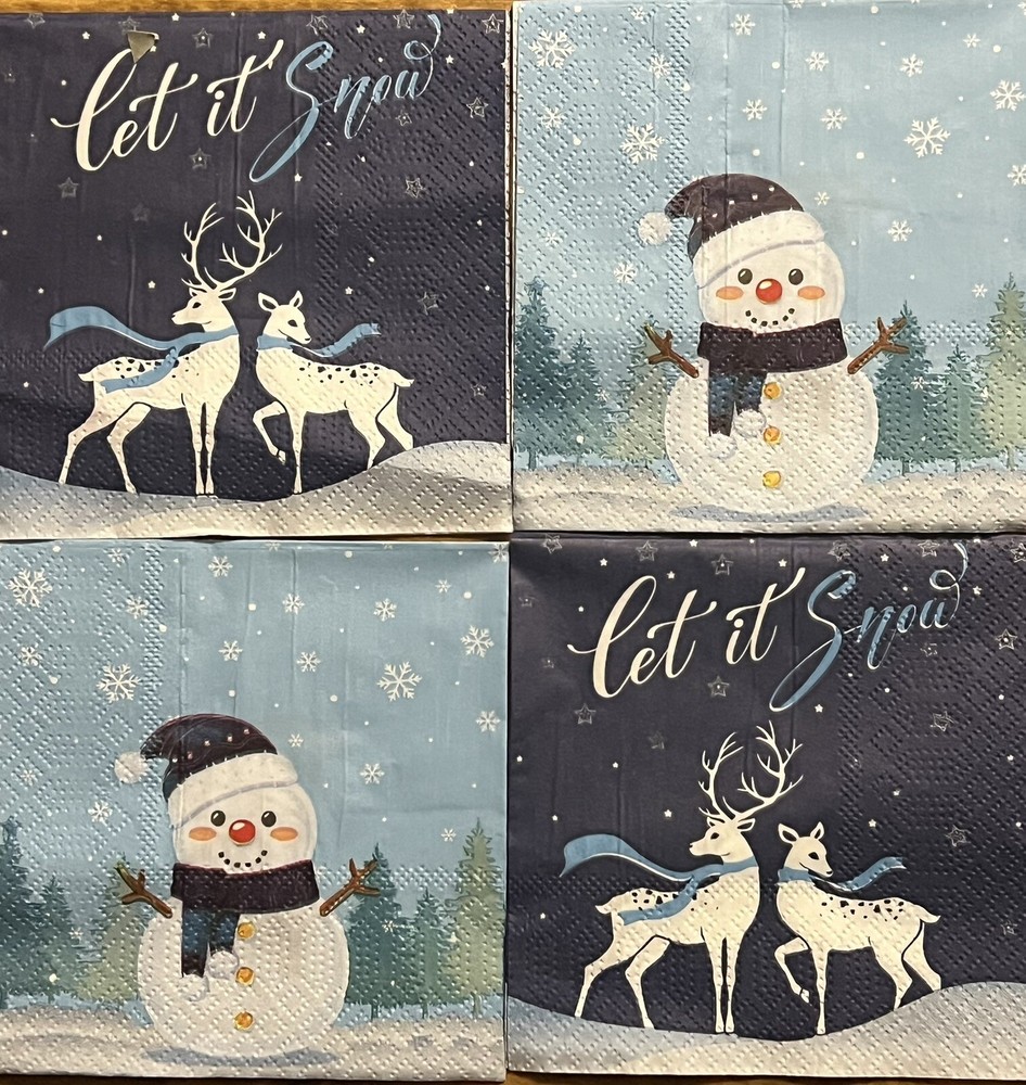 FOUR Beverage Paper Blue Snowman /deer buck Decoupage napkins