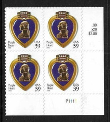 USA SC # 4032 Purple Heart , BLK4 Plate number . MNH