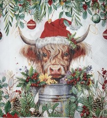 Three Paper Lunch Napkins Decoupage Christmas Highland Cow Santa/pine Cones 6.5”