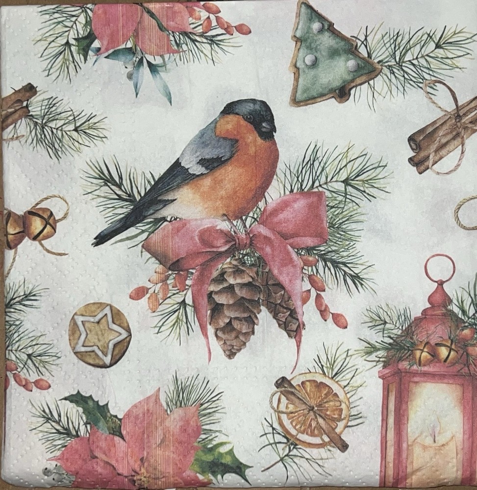 Two Paper Lunch Napkins Decoupage Art Crafts Christmas Cardinal Birds 6.5”