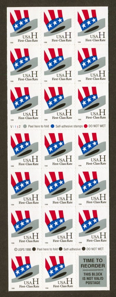 U.S. Scott# 3268c, 1998 H Series Hat, Plate# V1112, Pane of 20, SCV: $15.00