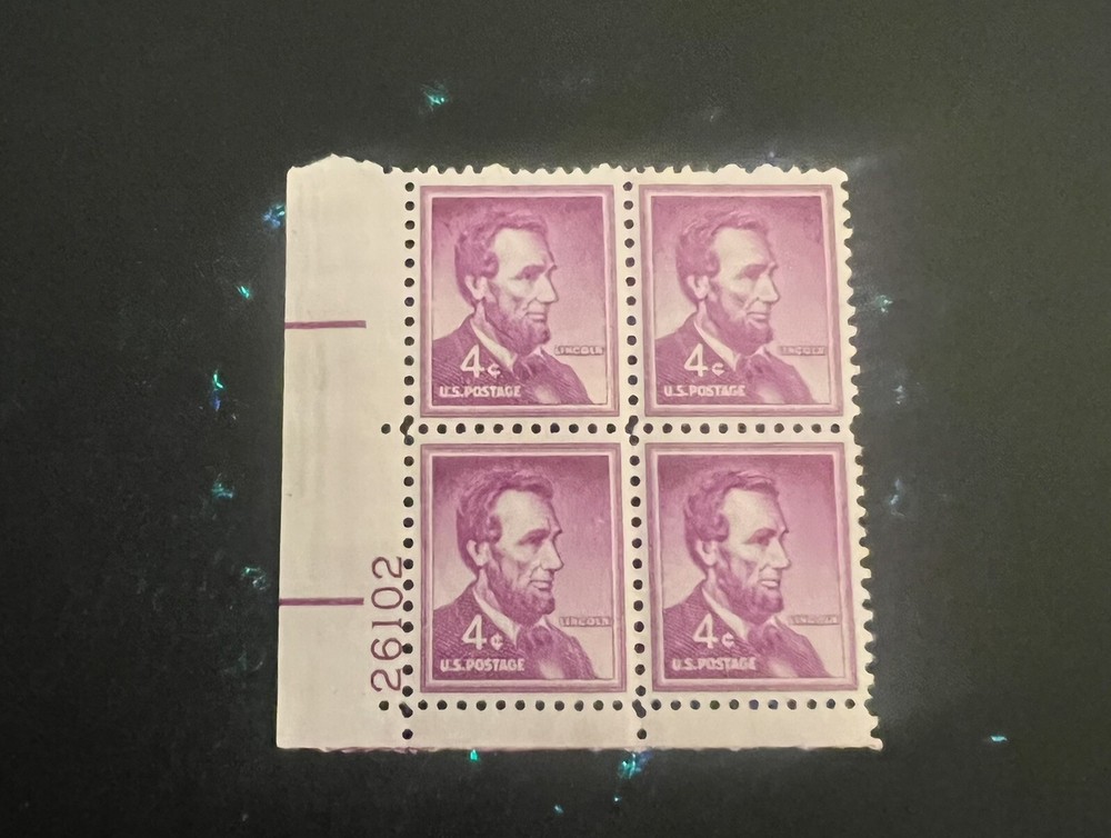 1958 #1036 4¢ Abraham Lincoln plateblock stamp