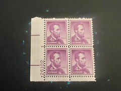 1958 #1036 4¢ Abraham Lincoln plateblock stamp