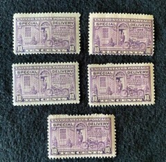 Vintage 10 Cent Special Delivery Purple Stamps (5) Motorcycle-Uncancelled