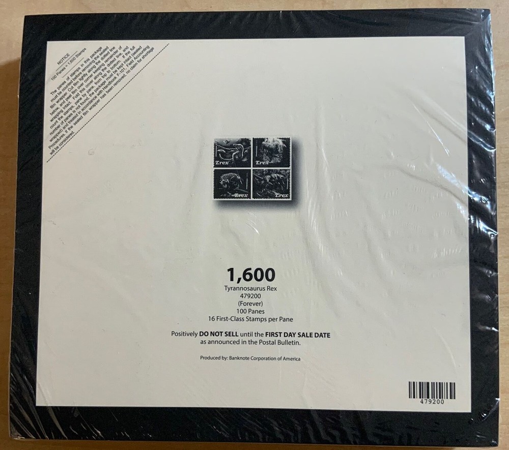 Tyrannosaurus Rex Full Sealed Pad of 100 Sheets (1600 Stamps) Scott 5413a