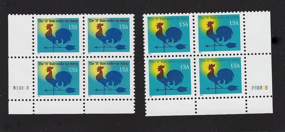 Lot 2 Scott #3258 H Rate Make Up Stamp, Weathervane- MNH-OG 1c 1998 Plt Blk 4
