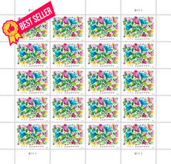 United States Postal 20 Stamps, red, yellow, purple, pink, green, blue