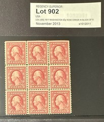 US #505; 5¢ WASHINGTON ERROR IN A BLOCK OF 9