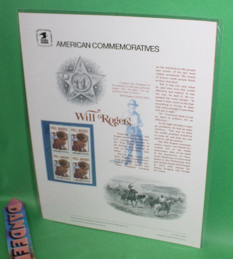 American Commemoratives Will Rogers USPS Stamps Panel Sheet 119 Nov 4 1979