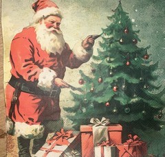 TWO Paper Lunch Napkins Decoupage Christmas Vintage Santa Claus/trees 6.5”
