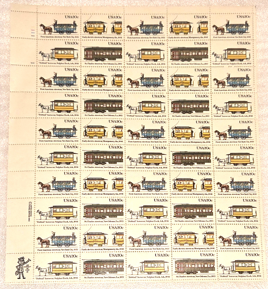 Street Cars Sheet of Fifty 20 Cent Postage Stamps Scott 2059-62 USPS