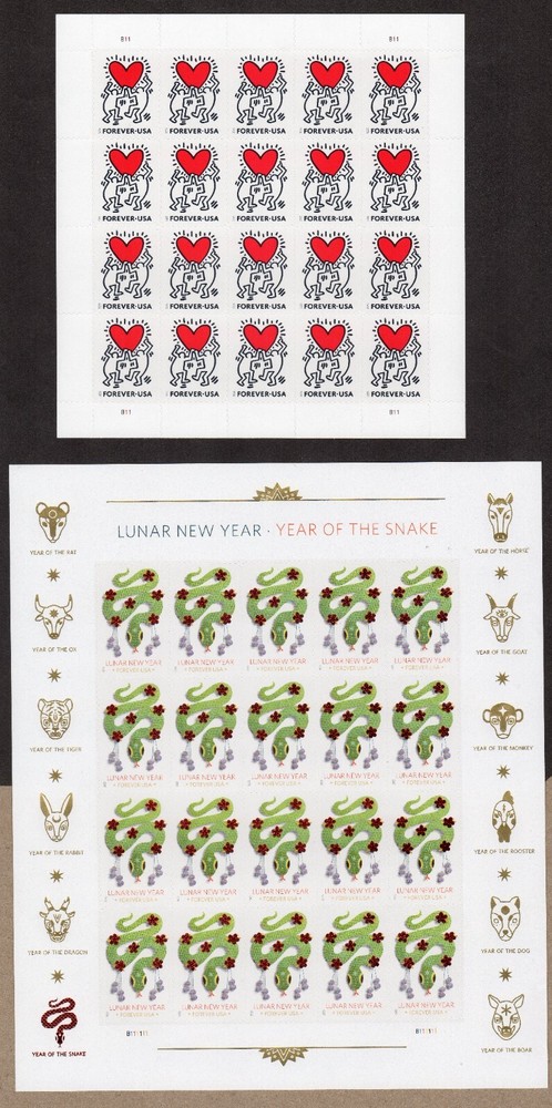 USPS Lunar New Year Snake & Reaching for Love Sheets of 20 Forever Stamps – MNH