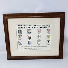 US Postage Stamps In Frame “Death, Taxes And Inflation” Stamps Thru The Years