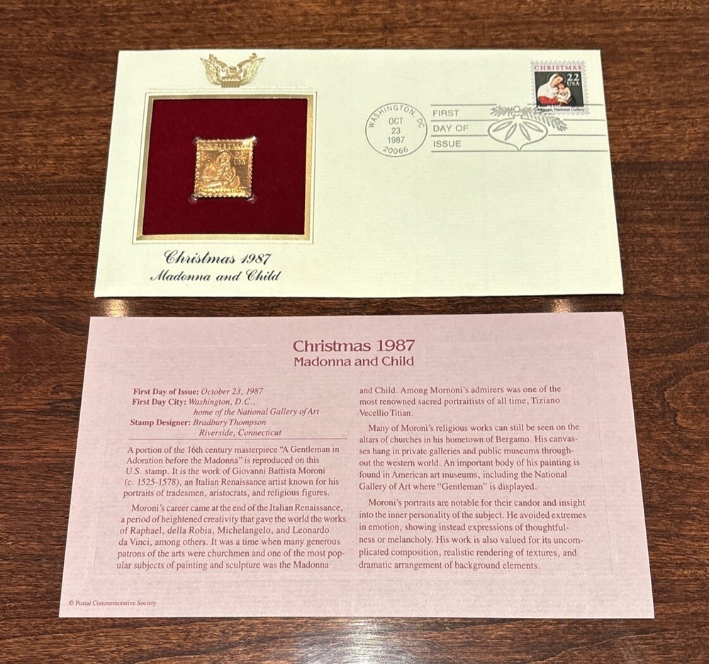 Christmas 1987 FIRST DAY ISSUE 22 CENT STAMP GOLD Madonna and Child Moroni