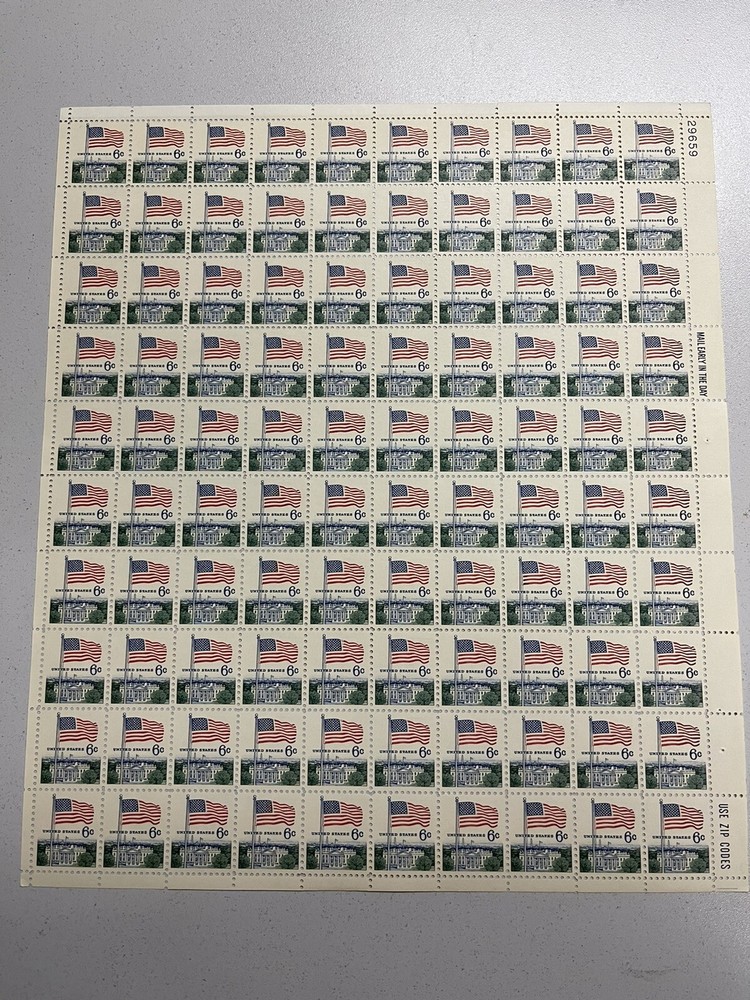 Flag Over White House 6 Cents Stamp Sheet – Scott 1338 – 1968