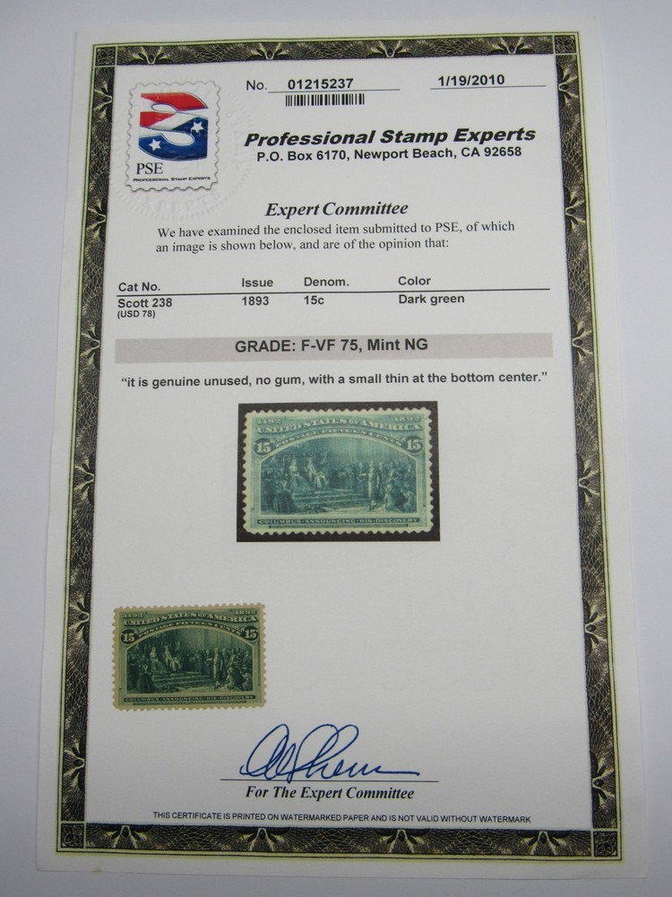 PSE Certified Stamp 1893 U.S. POSTAGE 15¢ GRADE: F-VF75, Mint NG Stamp STP-20-IB