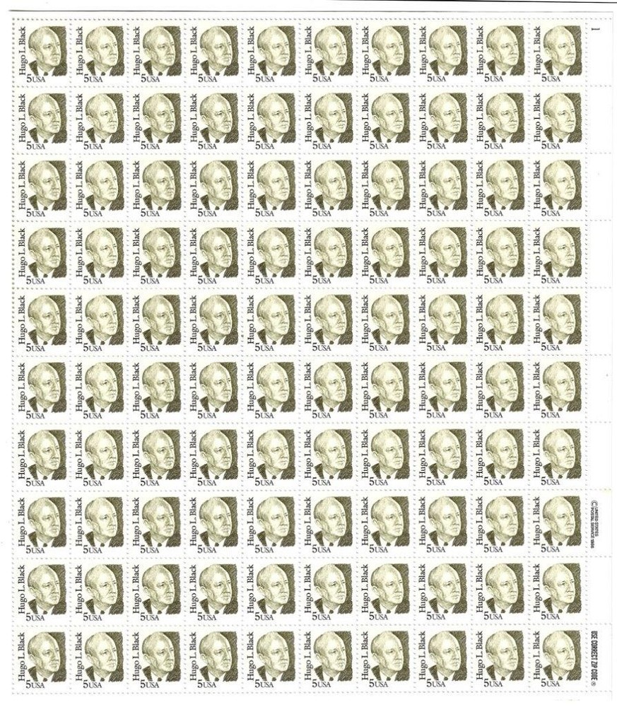 US SCOTT 2172 SHEET (PANE) OF 100 HUGO L BLACK STAMPS 5 CENT FACE MNH