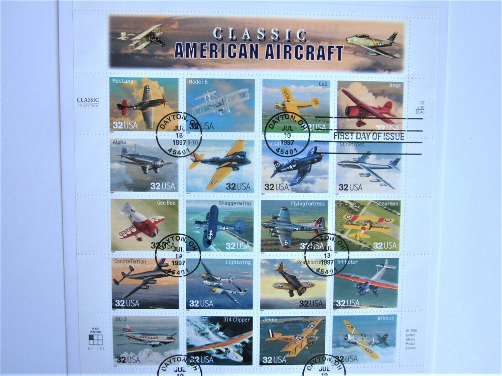 CLASSIC AMERICAN AIRCRAFT First DAY ISSUE Pane of 20 beautiful stamps 1997