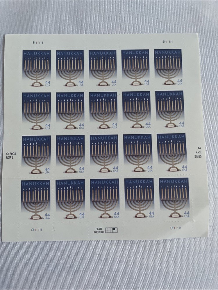 One Sheet x 20 = 20 of HANUKKAH Jewish Holiday Menorah 44¢ US Stamps. USA 4433