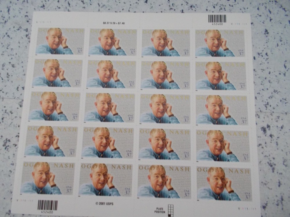 #3659 OGDEN NASH Poet Sheet of 20 37 CENT STAMPS 2001/2002 MNH Free Shipping