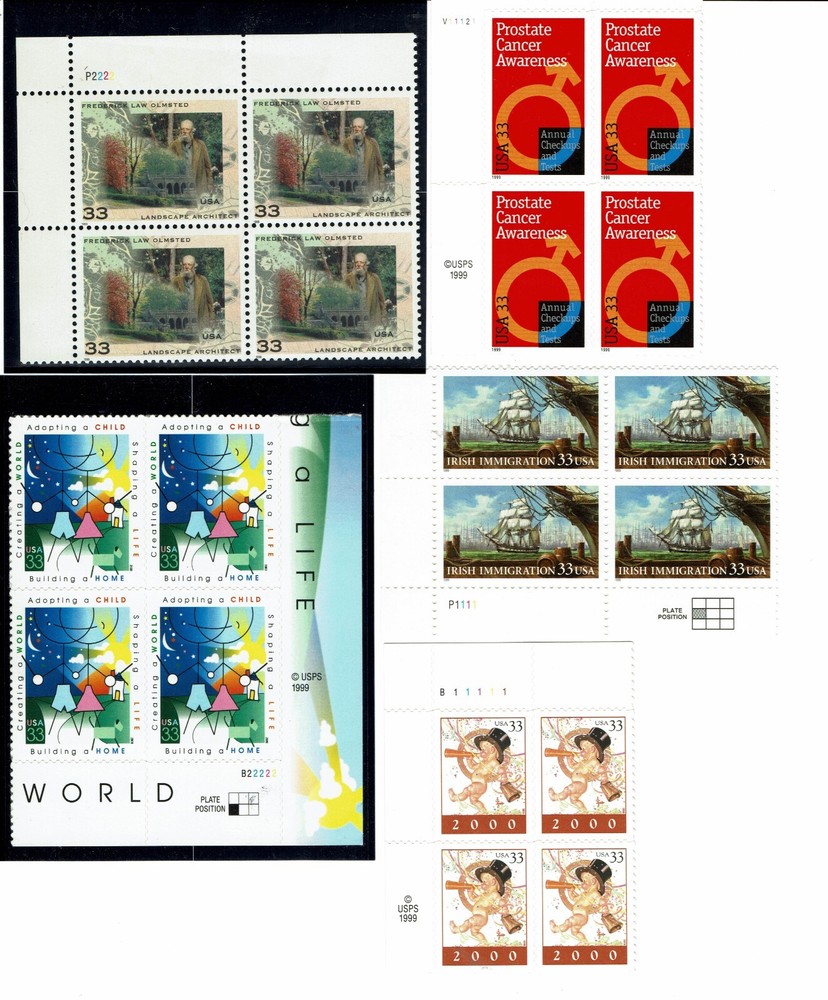 5 DIFFERENT .33 PLATE BLOCKS @ FACE VALUE – MNH