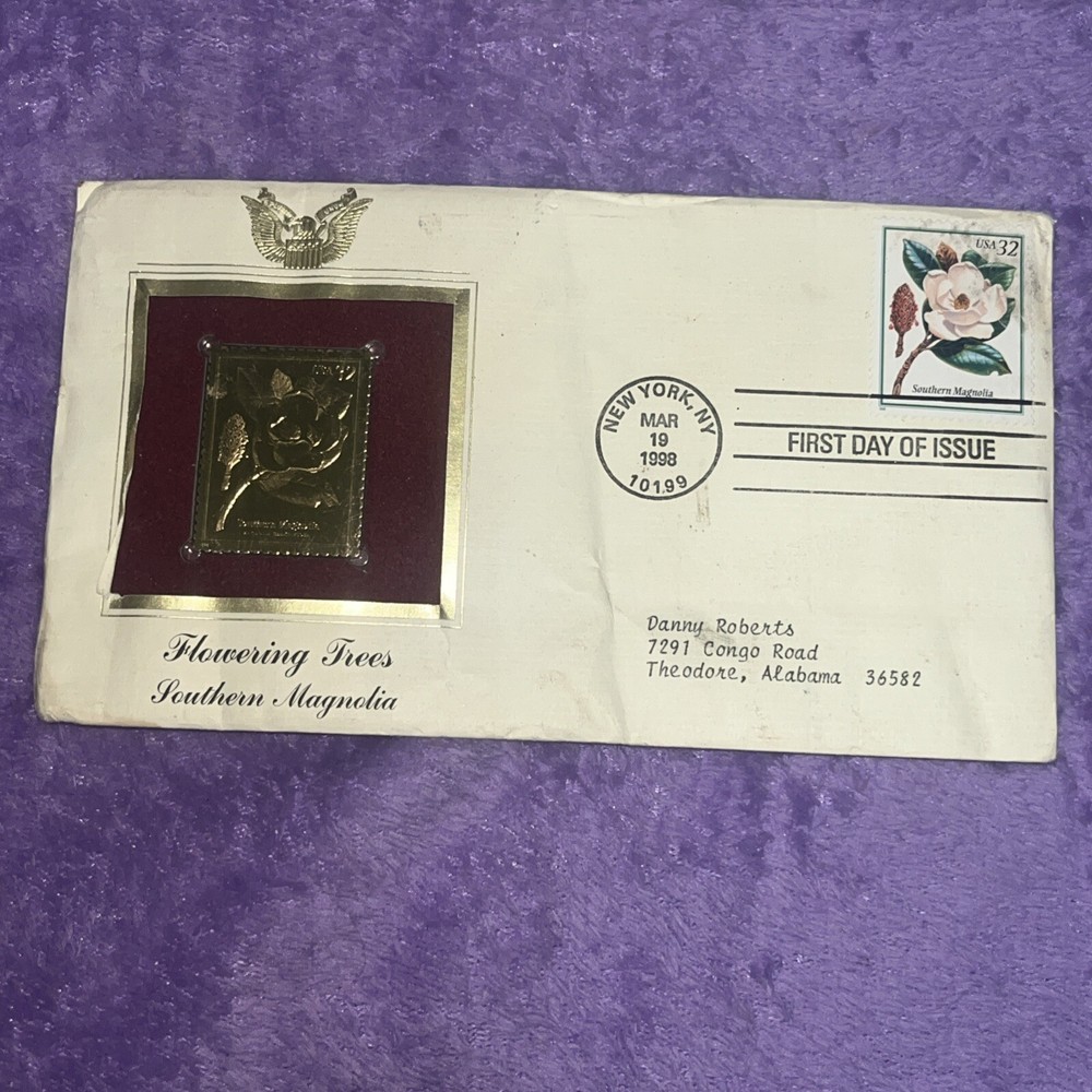 SOUTHERN MAGNOLIA FLOWERING TREES 1ST DAY ISSUE USPS 22KT GOLD STAMP RARE J-E!!!