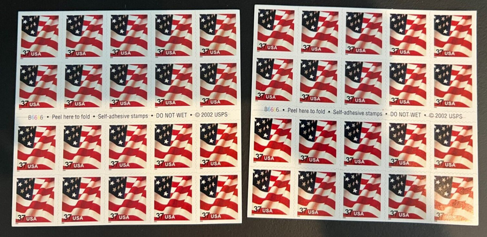 US Flag Stamps 2 Books of 20 ea. @ .37 Cents 2002 MNH
