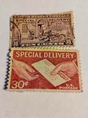 1957 Special Delivery 30 cent brown stamp, 1927 Special Delivery Motorcycle mail