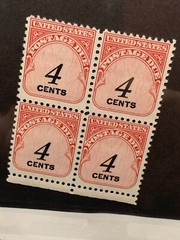1959 Scott J92 U. S. Postage Due block of four, 4 cent stamps Unused (4 pcs)