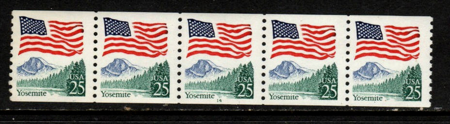 US Stamps – 25¢ Flag/Yosemite Park – Plate #14 Coil Strip of 5 MNH stamp SC#2280