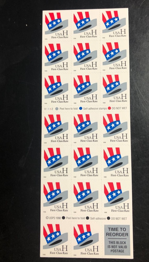 U.S. Scott# 3268c, 1998 H-Rate Hat, Booklet Pane of 20, MNH – 2022 SCV: $15.00
