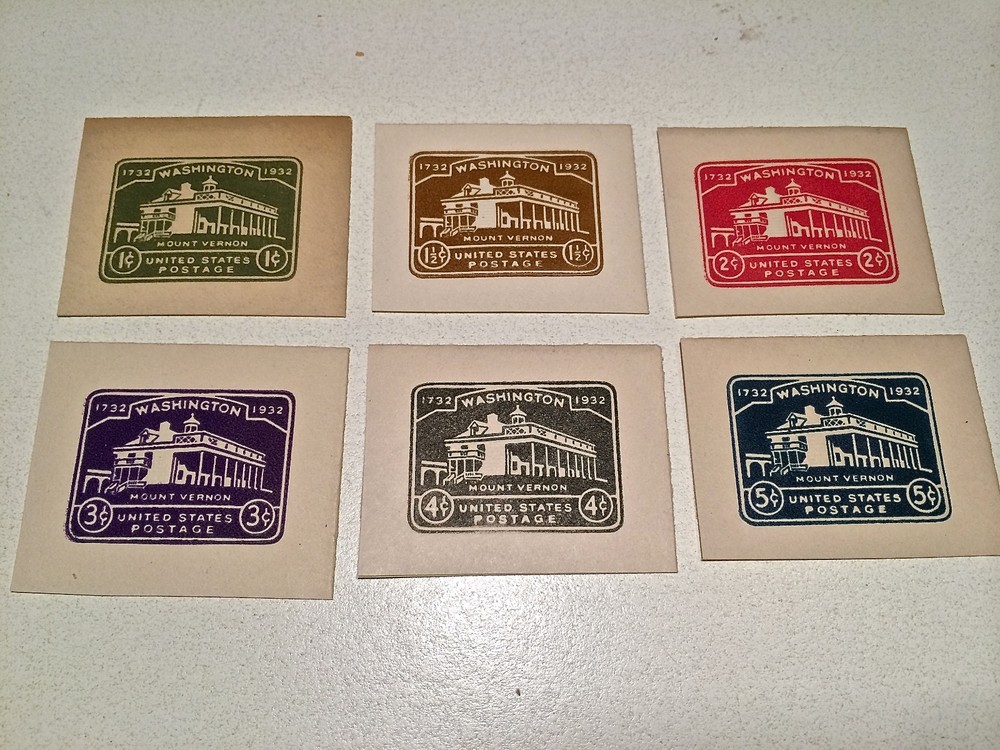 UNUSED CUT SQ. LIBERTY BELL; WASHINGTON; BI-CENT. ISSUE SET OF 6 1932