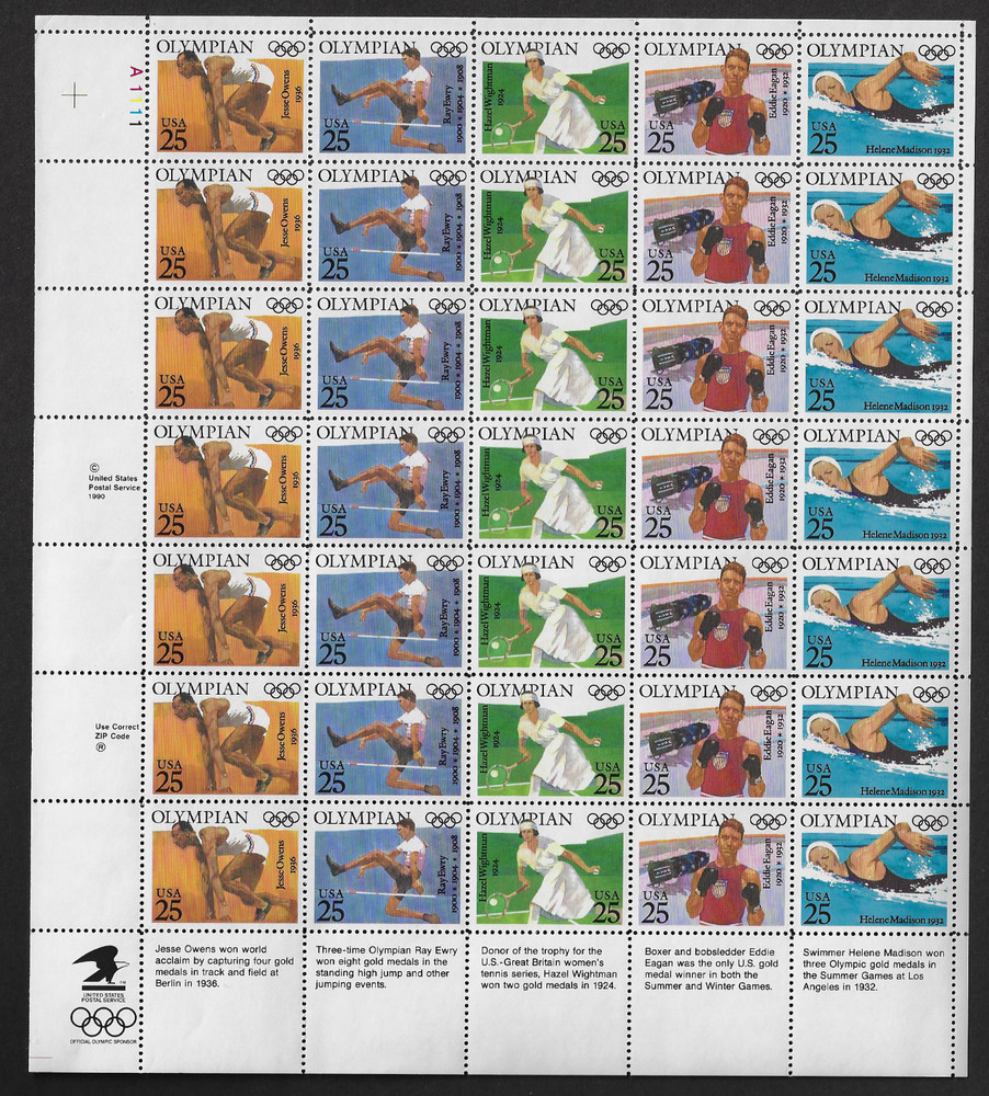 USA Stamps — Full Pane of 35 — 1990, Olympians #2496-2500 / MNH