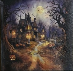 Three Individual Lunch Napkins Decoupage Halloween Haunted House pumpkins/ghost/