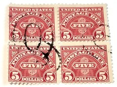1930 $5 US Postage Due Block of 4 Stamps Rare