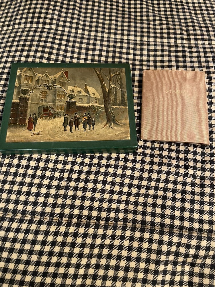 Vintage Postage Stamp Fabric Book Holder + Winter Scene Tin Box Stamp Case