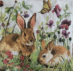 TWO Paper LUNCHEON Decoupage Craft Napkins Spring Easter Bunny Flowers Butterfly