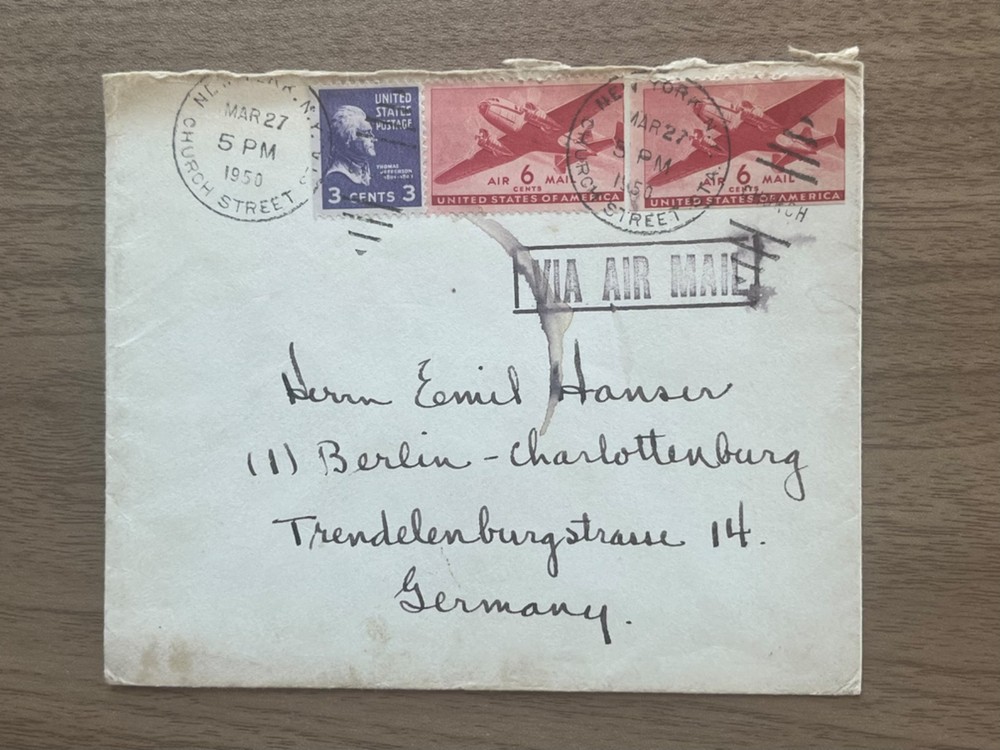 1950 USA Airmail Cover New York to Berlin Germany Emil Hanser Brooklyn Return