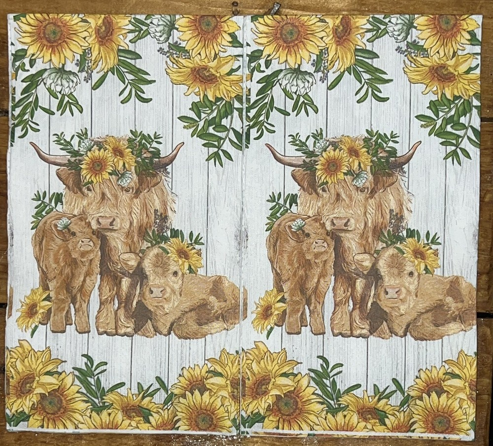 TWO Paper Dinner Decoupage Art Craft Napkins -highland Cow- /sunflowers