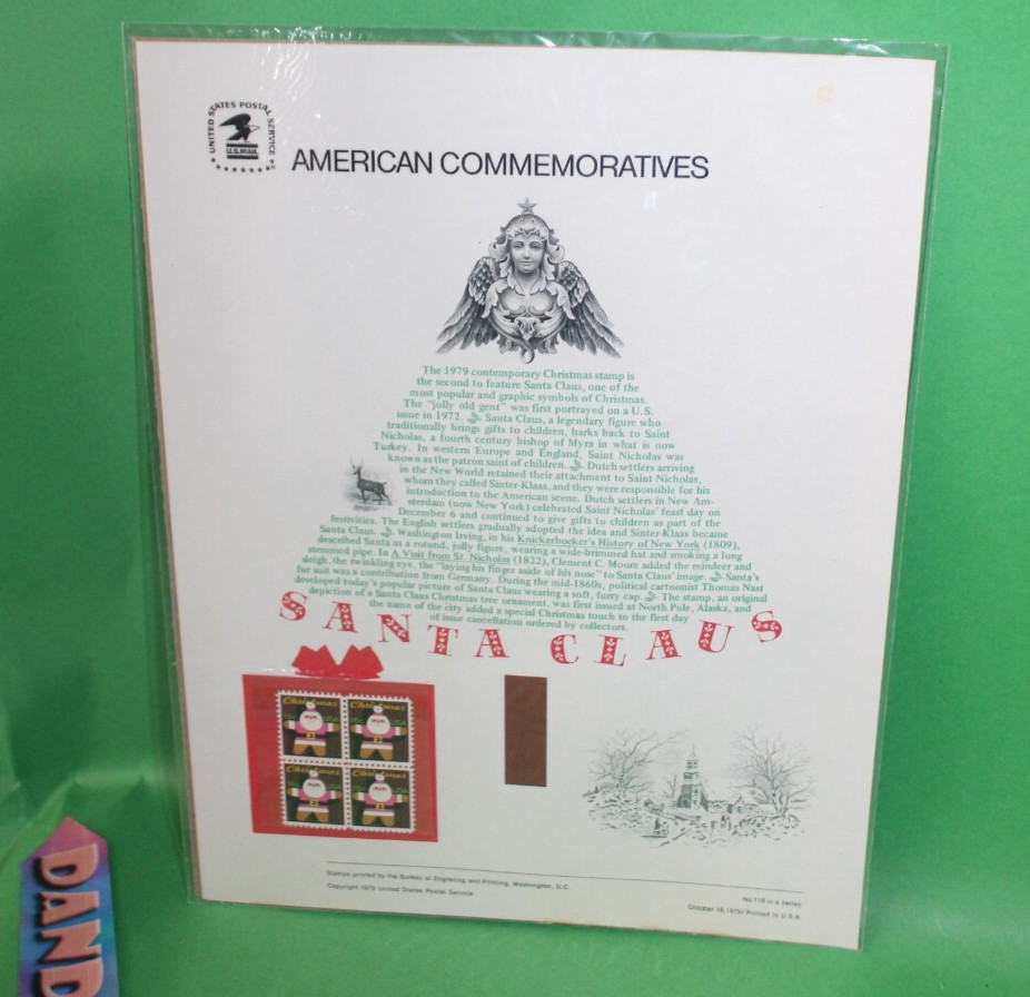 American Commemoratives Santa Claus USPS Stamps Panel Sheet 118 Oct. 18 1979