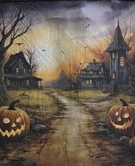 TWO Individual Lunch Napkins Decoupage Halloween Haunted Houses/pumpkins/ghost/