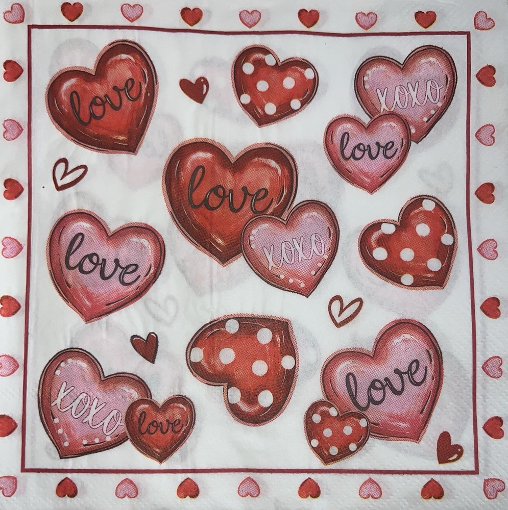 Three Paper Luncheon Decoupage Napkins VALENTINE White Red Hearts LOVE 6.5”