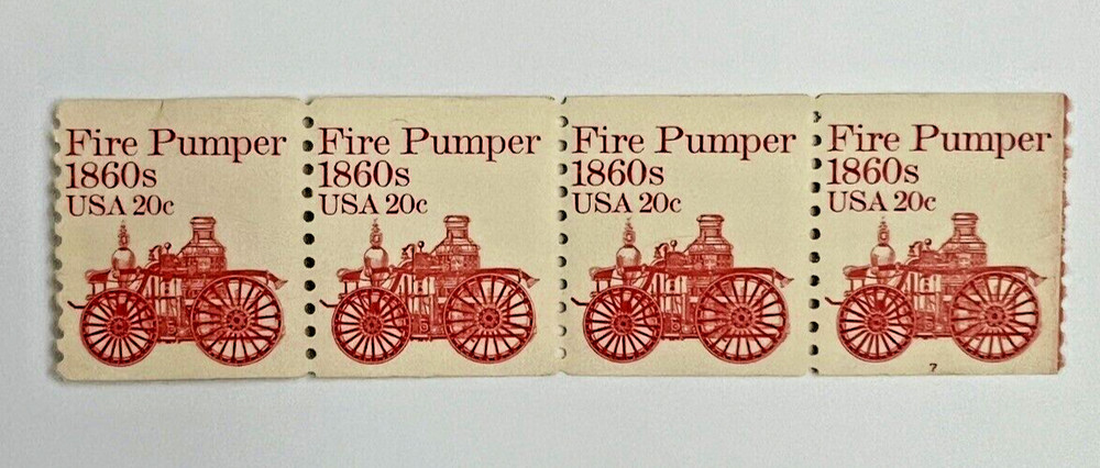 SCOTT #1908 FIRE PUMPER 1860s 20¢ – PL#7 – STRIP OF FOUR STAMPS – COLOR ERROR
